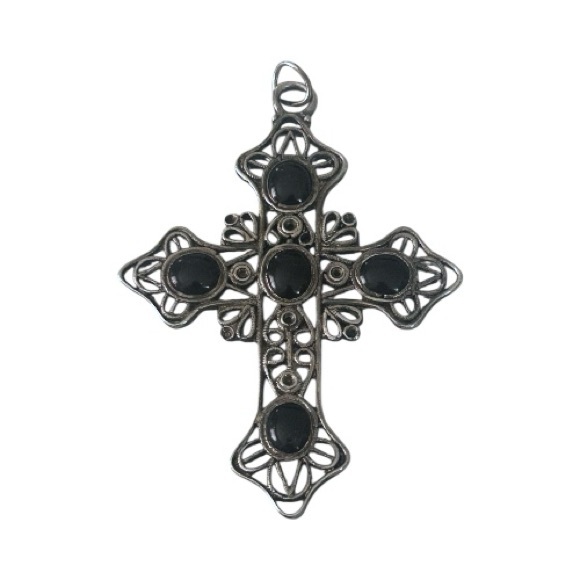 Vintage Jewelry - Vintage Retro Large Ornate Filigree Religious Cross Pendant Black Enamel Goth